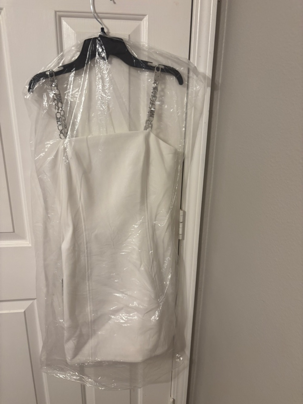 Michael Kors White Strapless Mini Dress with Silver Chain Straps